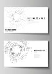 The minimalistic abstract vector layout of two creative business cards design templates. Network connection concept with connecting lines and dots. Technology design, digital geometric background.