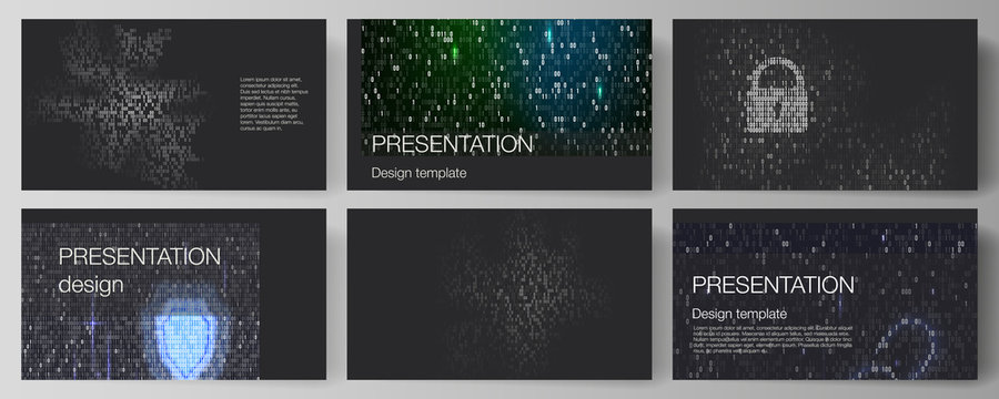 The minimalistic abstract vector layout of the presentation slides design business templates. Binary code background. AI, big data, coding or hacker concept, digital technology background.