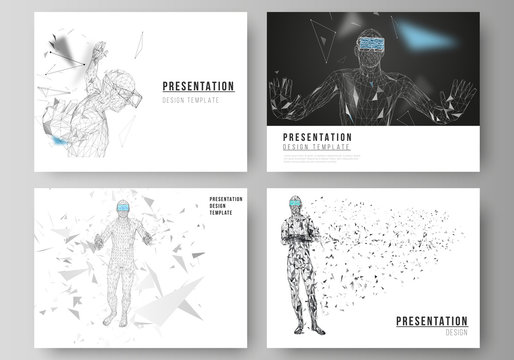 The minimalistic abstract vector illustration of the editable layout of the presentation slides design business templates. Man with glasses of virtual reality. Abstract vr, future technology concept.