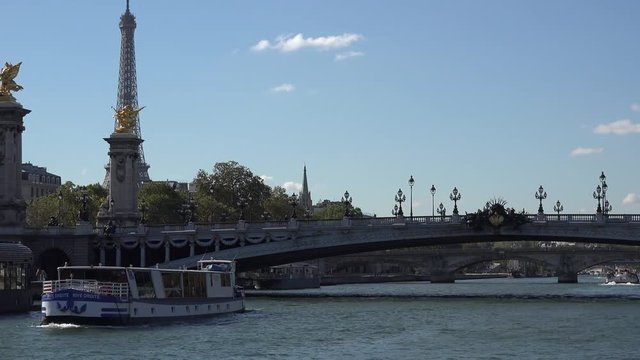 Romantic cruise on Seine passing close Eiffel tower