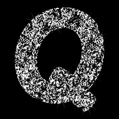 Silver glittering letter Q. Vector shining silver sparkling letter on black background.