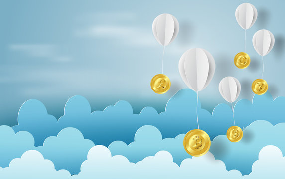 Paper art of balloon with Currency exchange money on business and management concept,blue sky,cloud,vector