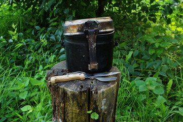 Tourist bowler, spoon and knife on a stump.