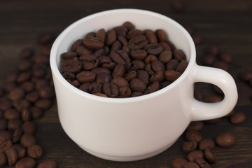 White cup with coffee beans seed on dark background. Brown roasted coffee beans. Macro photography.