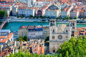 View of Vieux Lyon with the Saint Jean Cathedral and the banks of the Saone river from the...
