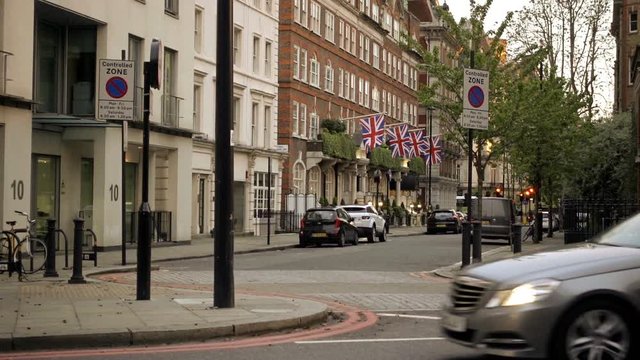 British flags on building in London street England UK 1080 HD