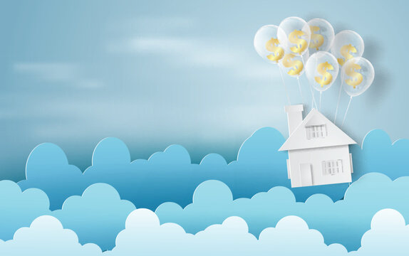 Paper art of balloon with dollar sign money on business and home finance concept and idea,blue sky,cloud,vector