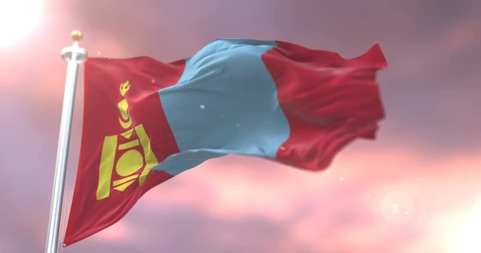 Flag of Mongolia waving at wind at sunset in slow, loop