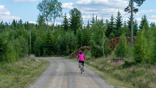 Radfahrerin in einem schwedischen Wald