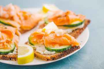 Salmon sandwiches served on plate