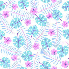Fototapeta na wymiar Cute bright tropical leaves. Vector hand drawn seamless pattern