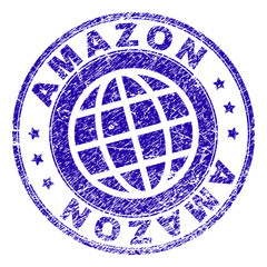 AMAZON stamp imprint with distress effect. Blue vector rubber seal imprint of AMAZON label with dirty texture. Seal has words placed by circle and planet symbol.