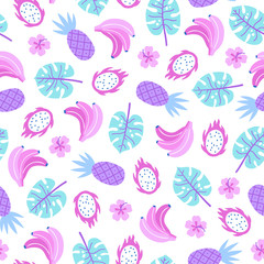 Colourful tropical plants and fruits. Vector seamless pattern