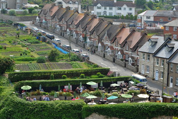 View of street and beer garden in Beer, Devon