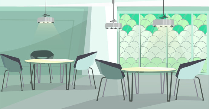 Cozy cafe with modern design vector illustration. Modern cafeteria with round tables, chairs and mosaic wall. Interior illustration