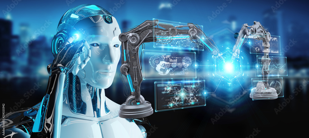 Poster white man robot using robotics arms with digital screen 3d rendering