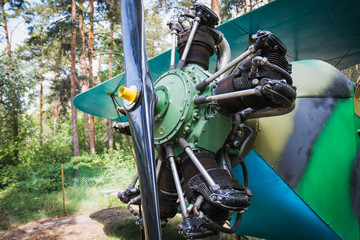 Close-up of an old piston aircraft engine on a retro airplane