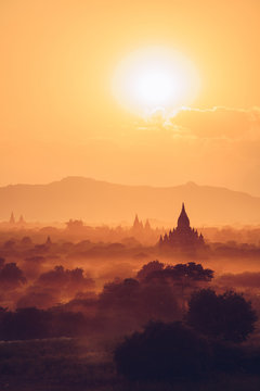 The beautiful sunset over the ancient temple in Bagan the first kingdom of Myanmar.
