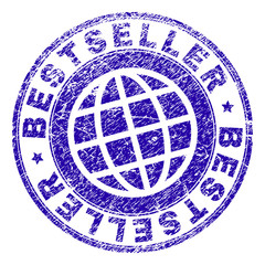 BESTSELLER stamp imprint with grunge texture. Blue vector rubber seal imprint of BESTSELLER caption with grunge texture. Seal has words placed by circle and planet symbol.