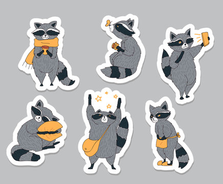 Cute racoons set isolated on grey background. Cute animal characters for stickers, flyers, invitations or greeting cards. Vector illustration.