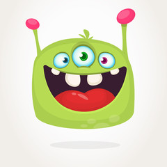 Happy green cartoon alien with three eyes. Smiling monster emotion showing his tongue. Halloween vector illustration