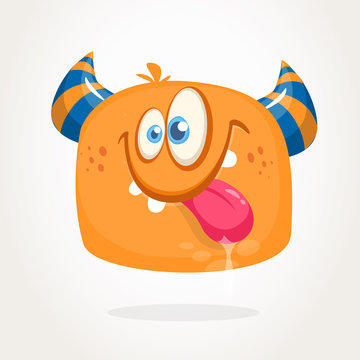 Happy orange cartoon horned monster. Tired monster emotion showing his tongue. Halloween vector illustration