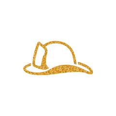 Fireman hat icon in gold glitter texture. Sparkle luxury style vector illustration.