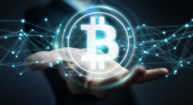 Businessman using bitcoins cryptocurrency 3D rendering