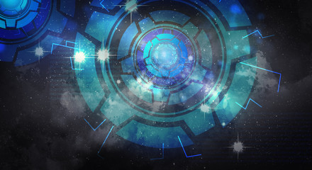 Abstract space background. Additional reality in the form of a holographic display, the recognition of an object. Neon