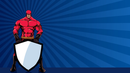 Powerful superhero holding big shield with copy space. © Malchev