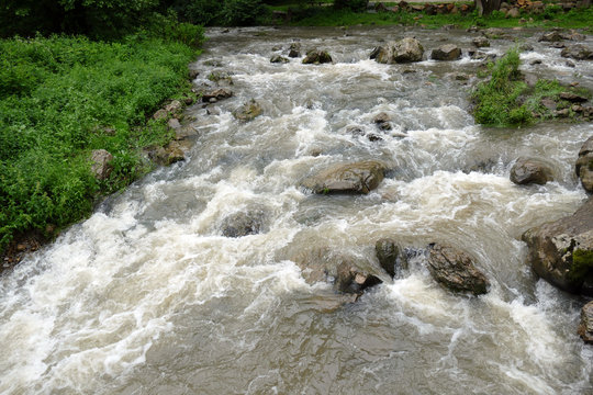 Cloudy turbulent water. Mountain stream after rain.