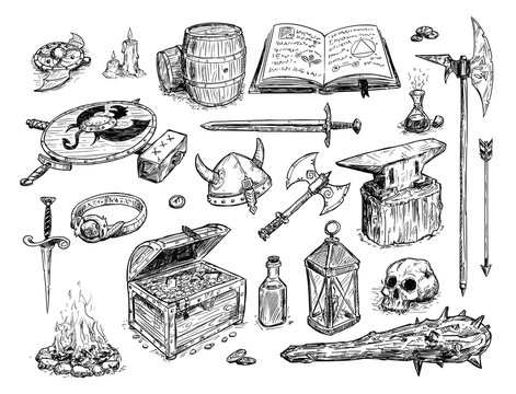 Vector artistic pen and ink doodle drawing illustration of set of fantasy objects or prop, mostly weapons and magic items.