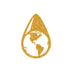 Earth water drop icon in gold glitter texture. Sparkle luxury style vector illustration.