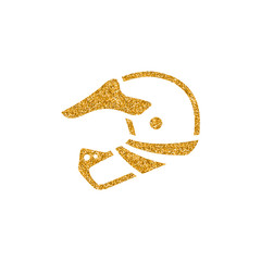 Motorcycle helmet icon in gold glitter texture. Sparkle luxury style vector illustration.