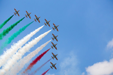Italian Air Force Frecce Tricolori pictured at the 2018 Royal International Air Tattoo at RAF Fairford in Gloucestershire. - obrazy, fototapety, plakaty