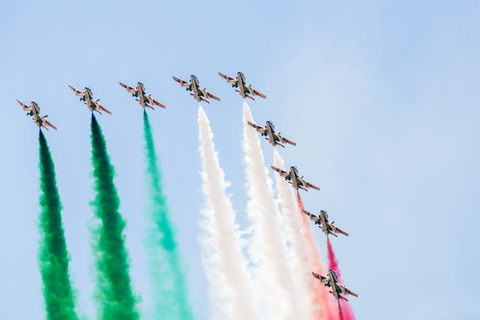 Italian Air Force Frecce Tricolori pictured at the 2018 Royal International Air Tattoo at RAF Fairford in Gloucestershire.