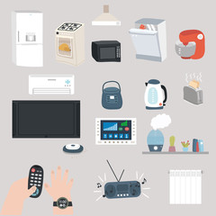 Technology items set. Refrigerator, stove, extractor hood, etc. Vector illustration.