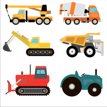 Cartoon transport set. Excavator, crane, tractor, bulldozer, dumper. Vector illustration
