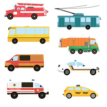 Cartoon transport set. Fire truck, trolley, bus, emergency, taxi, ambulance. Vector illustration