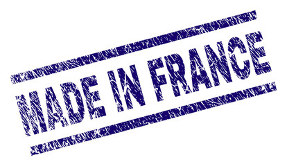 MADE IN FRANCE stamp seal watermark with distress style. Blue vector rubber print of MADE IN FRANCE text with unclean texture. Text tag is placed between parallel lines.