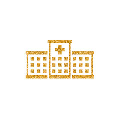 Hospital building icon in gold glitter texture. Sparkle luxury style vector illustration.