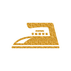 Iron icon in gold glitter texture. Sparkle luxury style vector illustration.