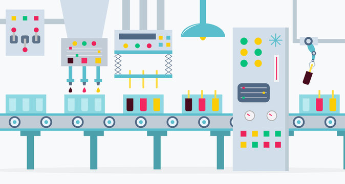 The conveyor for the production of ice creams with chocolate, strawberry and lemon.  Flat cartoon style illustration. The factory of ice creams.