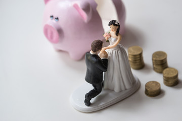 statuette of groom and bride with coins and dollars. Broken Pink pig money box on white background