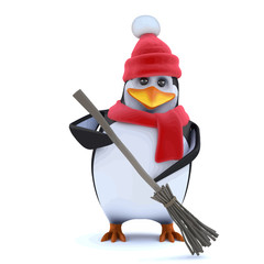 Vector 3d Winter penguin is sweeping up