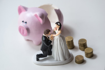 statuette of groom and bride with coins and dollars. Broken Pink pig money box on white background