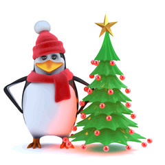 Vector 3d Winter penguin with his Christmas tree