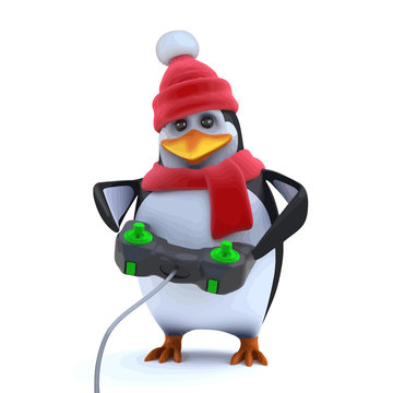 Vector 3d Cute winter penguin is playing a video game