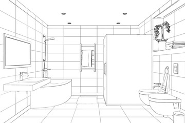 3d illustration. Drawing sketch of black modern shower room