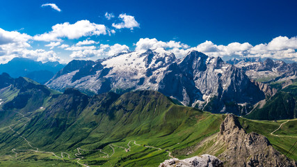 Naklejka premium Marmolada massif, Dolomiti, Itay. Beautiful view over the Marmolada glacier and Pordoi Pass from gruppo Sella and Piz Boe peak